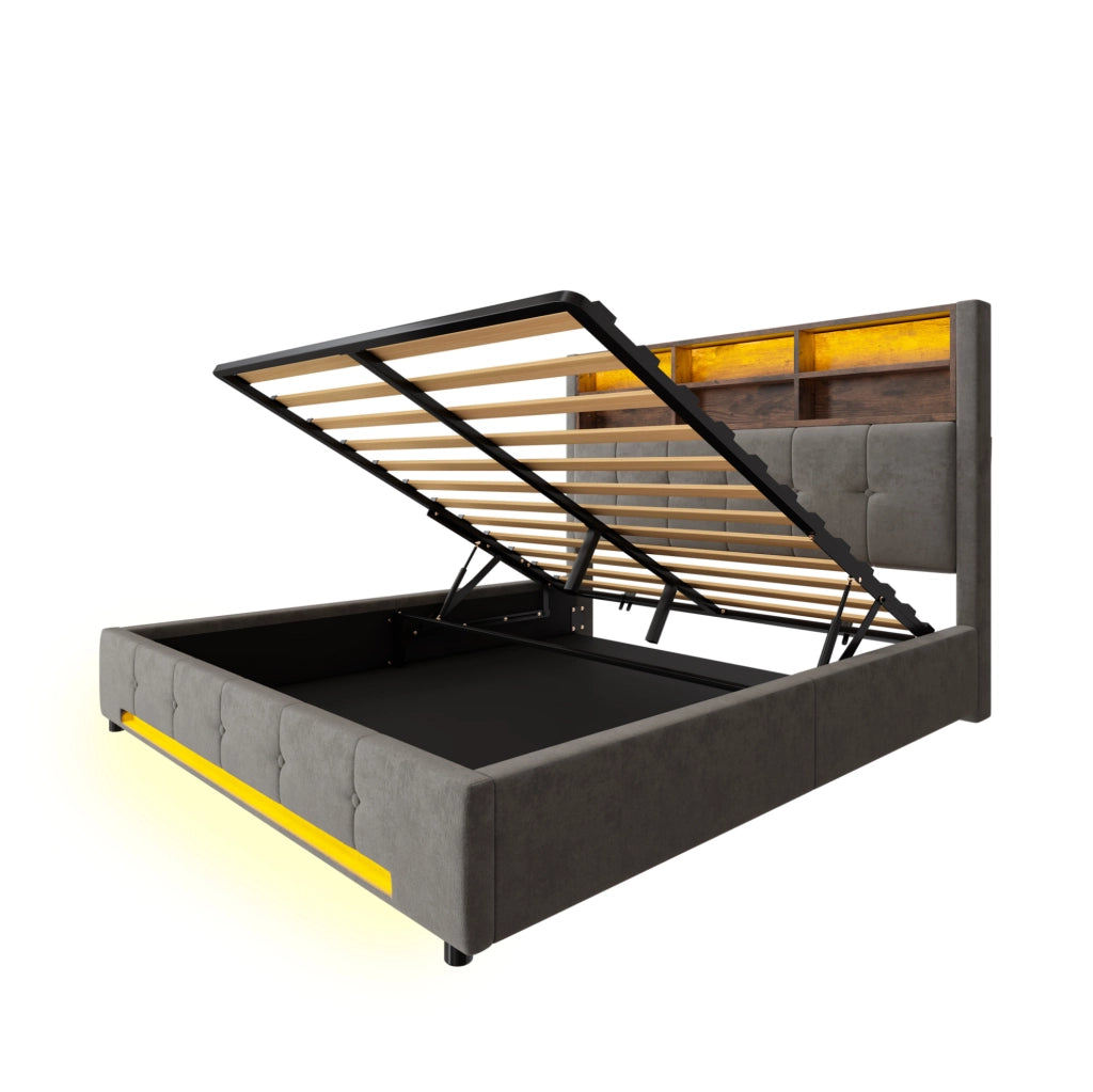 Letto 160x200 cm con contenitore; testiera multifunzione e LED in velluto grigio scuro