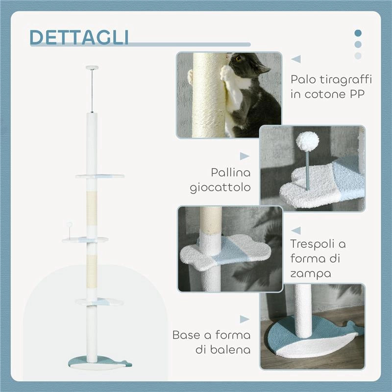 ALBERO TIRAGRAFFI PER GATTI A SOFFITTO CON PALO REGOLABILE DA 225-255 CM, PALLINA E PIATTAFORME, BIANCO