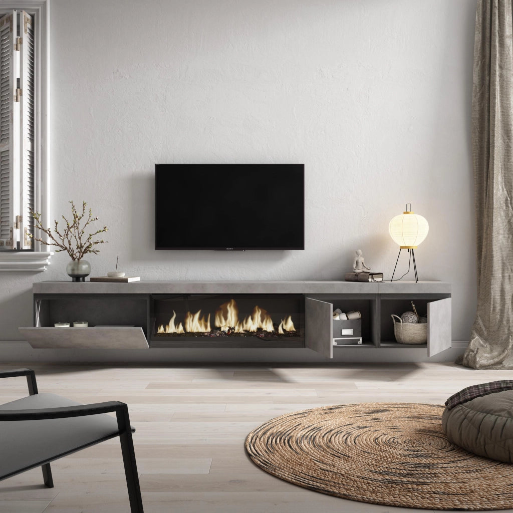 Mobile TV Soggiorno, 288x35x45cm, TV di grande formato, Camino elettrico XXL, da appendere, grigio cemento RF3617