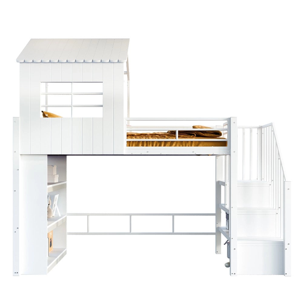 Letto a Soppalco Singolo in Metallo ¨C Xylo ¨C Bianco, Scala, Ripiani, 90x200