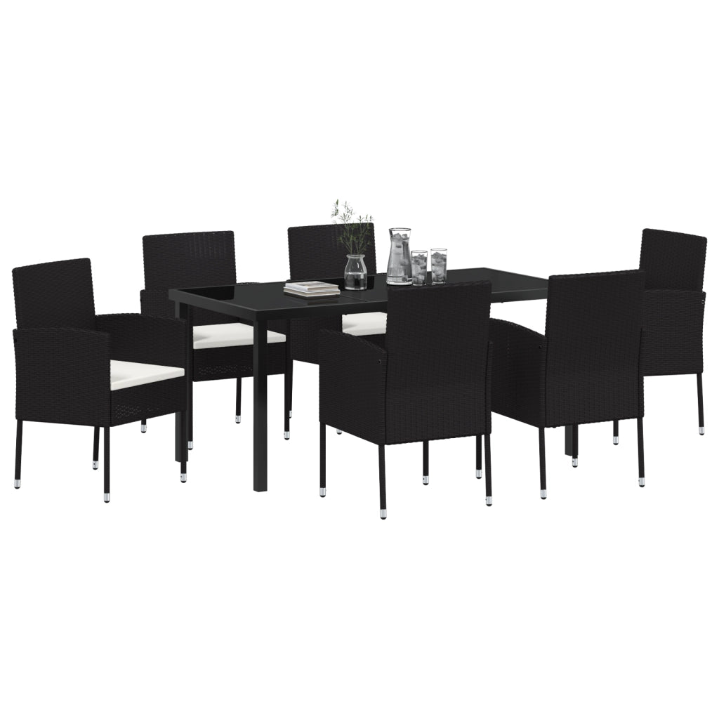 Set da Pranzo Giardino 7 Pezzi con Cuscini Nero Polyrattan