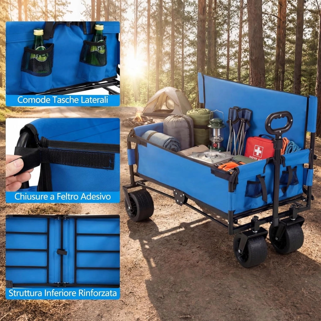 2 in 1 Carrello Pieghevole con Panca, Carrello Trasportabile con Maniglia Regolabile, Cuscini Morbidi e Ruote, Carrello da Giardino in 600D Oxford, 80 kg, 85 L, per Campeggio e Spiaggia (Blu)