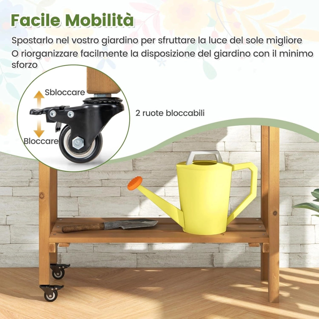 Fioriera Rialzata per Piante Rampicanti, Aiuola Rialzata con Grigliato, Ruote Bloccabili, Ripiano, Gambe e Fodera, Orto Rialzato da Esterno in Legno, 90 x 29 x 129 CM
