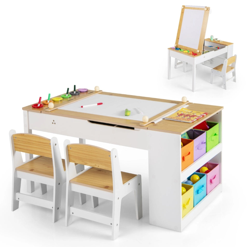 Tavolo multifunzione in legno con piano sollevabile rotolo di carta di stoccaggio-Set tavolo da disegno e cavalletto per bambini Naturale