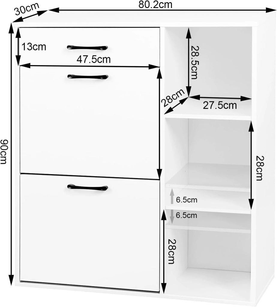 Scarpiera a Ribalta, Scarpiera da Ingresso con Ripiani Aperti, Porta Scarpe con Cassetto, Organizer per Scarpe, Stivali, in Legno, Bianco, 80,2x30x90 cm
