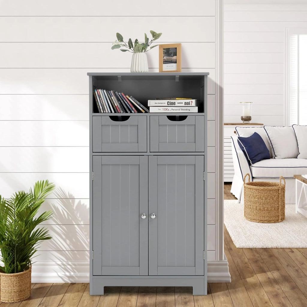 Mobile da Bagno con 2 Cassetti e 2 Armadi a Porta, 60 x 30 x 109 cm, Armadietto da Terra Autoportante in MDF, Armadio d’Archivio per Soggiorno, WC, Camera da Letto, Cucina (Grigio)