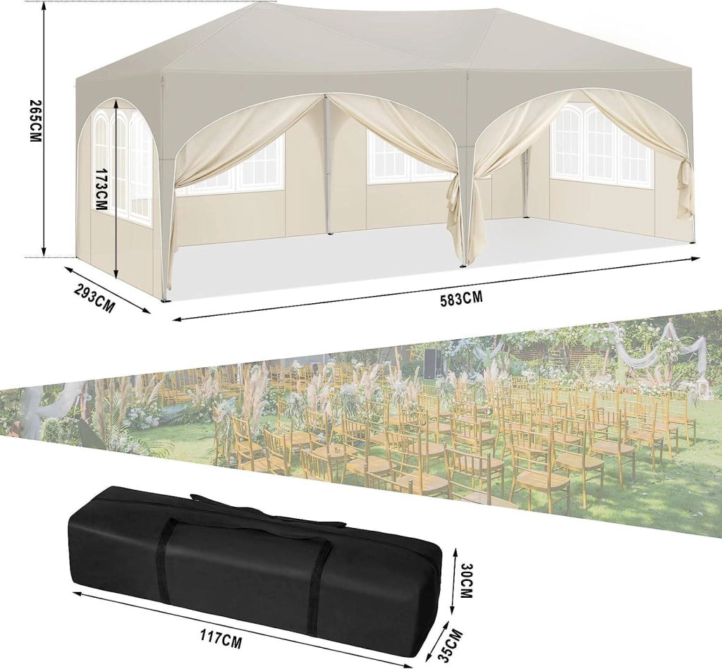 Gazebo da giardino pieghevole con 6 pareti laterali regolabili in altezza in ferro e tessuto oxford beige 3 × 6 m