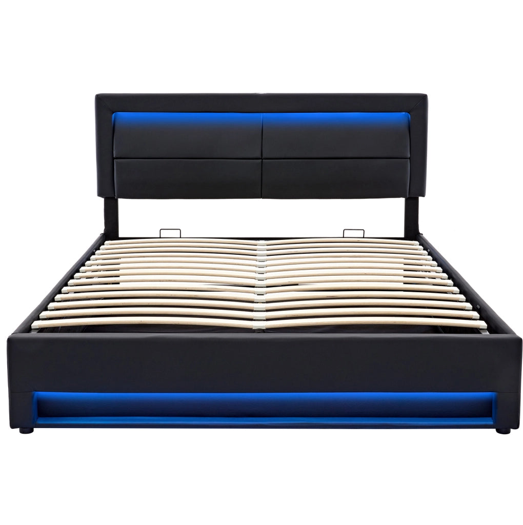 Letto imbottito 160x200 cm in PU nero con USB; LED e contenitore
