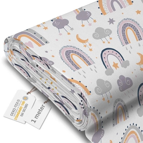 Tela Canvas Acqua-Resistente - Tessuto per mobile a metro 160 cm largo - Tessuto impermeabile 220 g/m2 600D - Tessuto in PVC Acqua-Resistente per metro Doodle Arcobaleno e Luna 1M