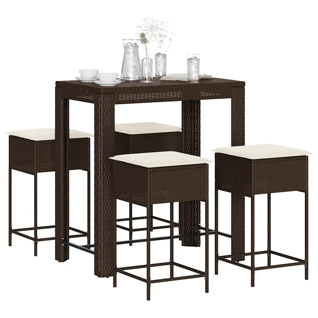 Set Bar da Giardino 5 pz | Set Salotto da Giardino con Cuscini in Polyrattan Marrone
