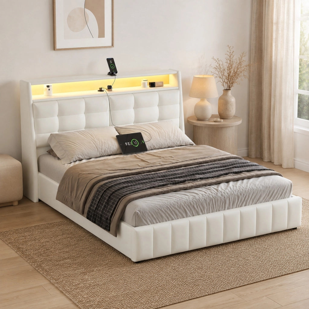 Letto matrimoniale 160x200 con LED, USB e contenitore