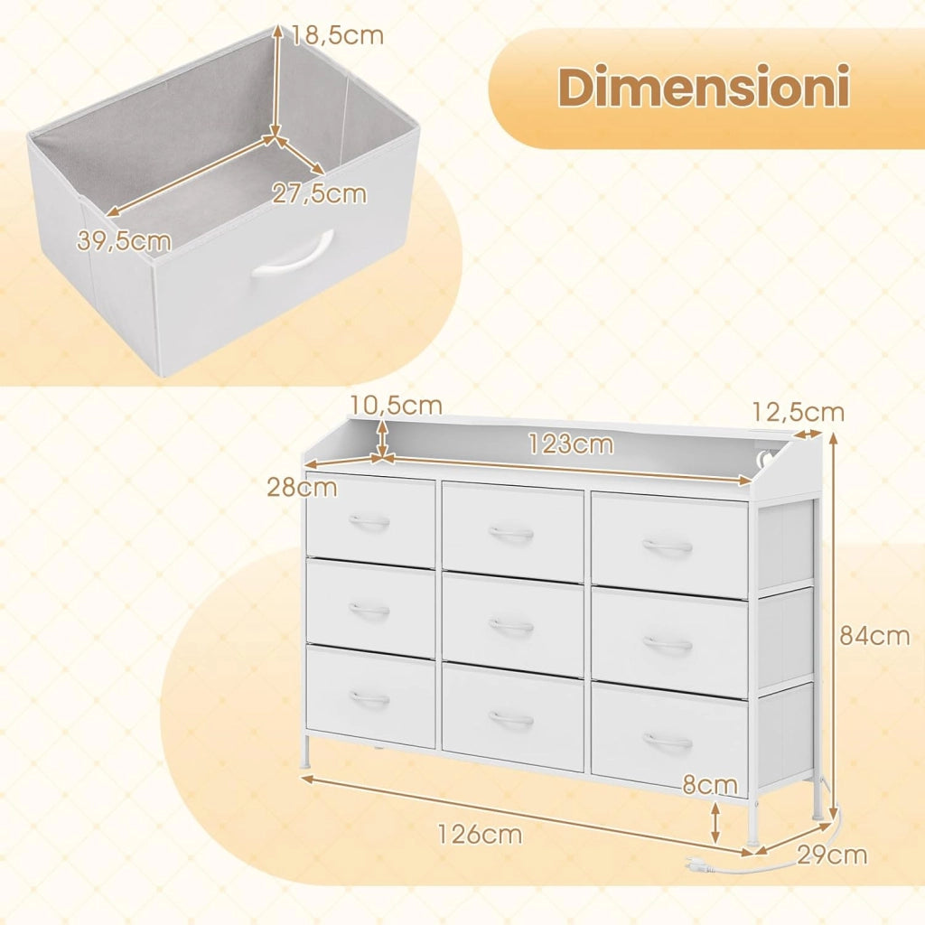 Cassettiera Camera da Letto, Comò con 9 Cassetti in Tessuto, Stazione di Ricarica e Luci LED, Struttura in Metallo, Armadietto per Ingresso e Soggiorno, 127 x 29 x 84 cm, Bianco