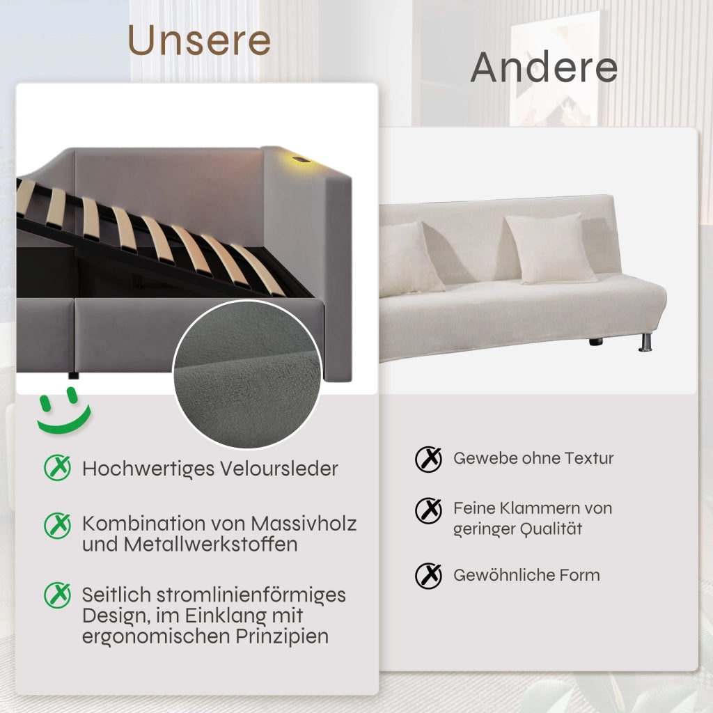 LETTO Contenitore 90x200 cm in velluto grigio con lampada da lettura e USB-C