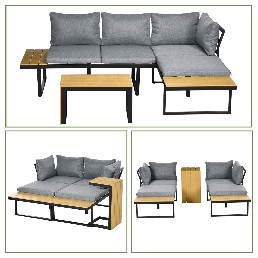 Set da giardino per 3 persone con cuscini ¨C zephmum ¨C telaio in alluminio, effetto legno, grigio scuro e naturale