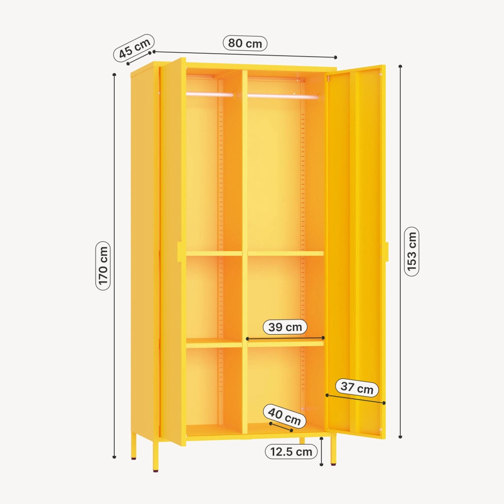Armadio Guradaroba Esteli in Acciaio a 2 Ante con 2 Barre Appendiabiti e 4 Ripiani 170 x 80 x 45 cm - Giallo [en.casa]