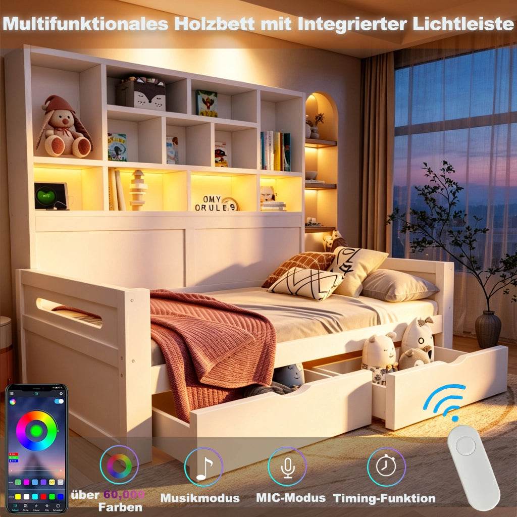 Letto singolo multifunzione 90x200 cm con armadio aperto; cassetti; LED; USB e vani portaoggetti; legno bianco