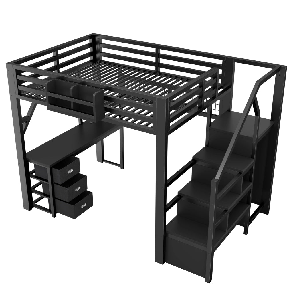 Letto a soppalco in metallo 140x200 cm con scrivania; 3 cassetti; mensole; armadio/guardaroba e LED; nero