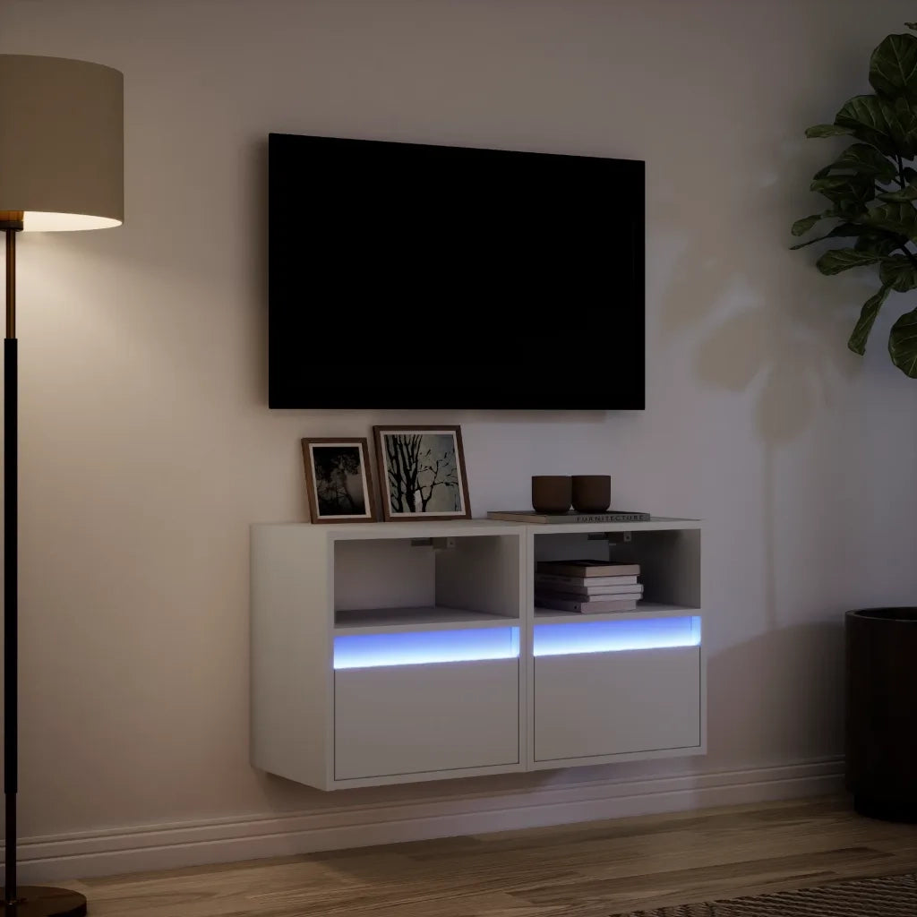vidaXL Mobili TV a Parete con Luci LED 2pz Bianchi 40x30x40 cm