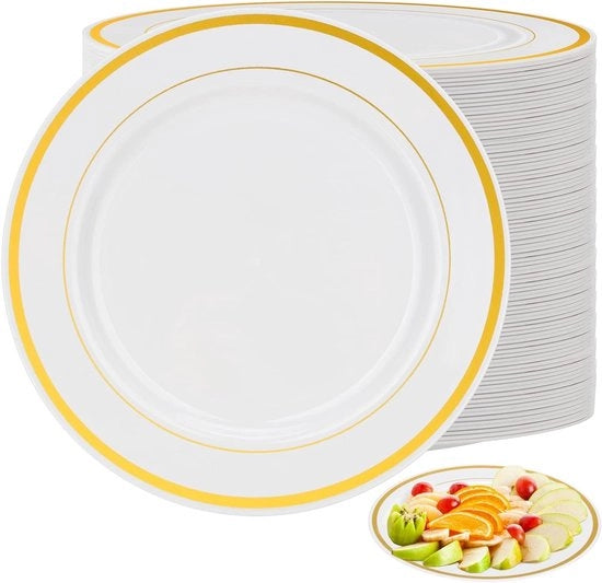 80 Set di Piatti in Plastica da 19 cm con Orlo d'oro per Feste, Matrimoni e Pic nic - Sostenibile, Elegante e Ideale per Catering