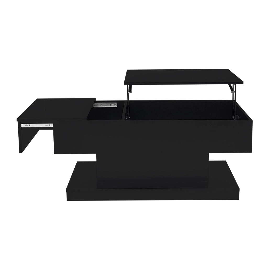 Tavolino da salotto con sollevamento idraulico; LED e contenitore 100x50x45 cm; nero lucido