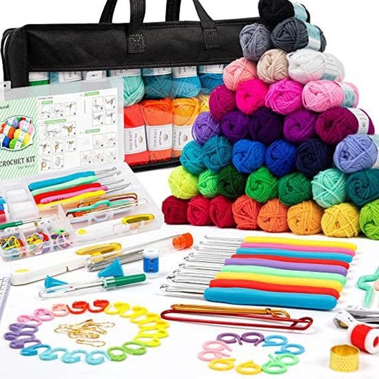 Impacco di iniziante per principianti, 113 pezzi, compreso sacchetto e filo, set di aghi da cucire 2-6 mm, set di iniziante con attrezzi e lana, set di iniziante per principianti