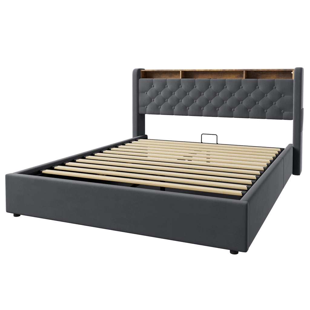 LETTO Imbottito 160 x 200 cm in Velluto Grigio Scuro con Contenitore