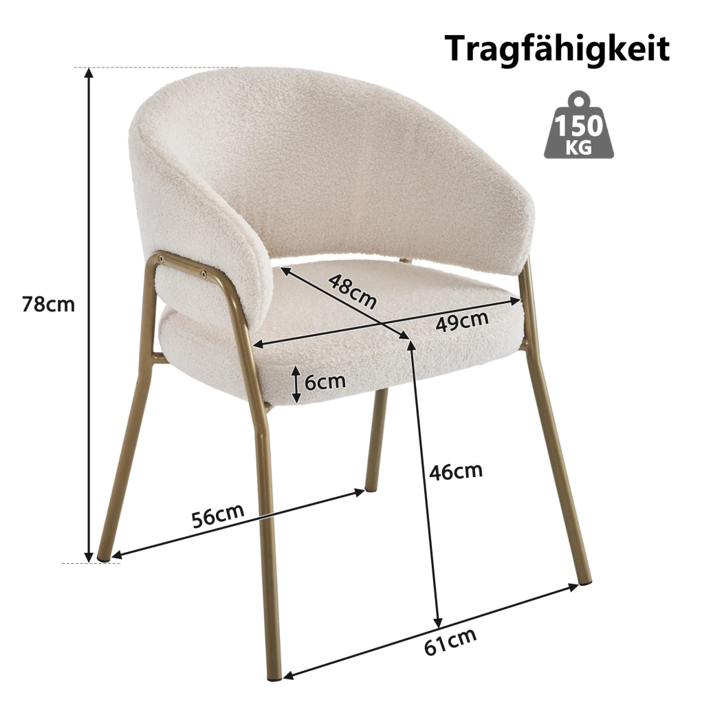 Sedia da pranzo con gambe dorate e imbottitura in schiuma; in fleece bianco