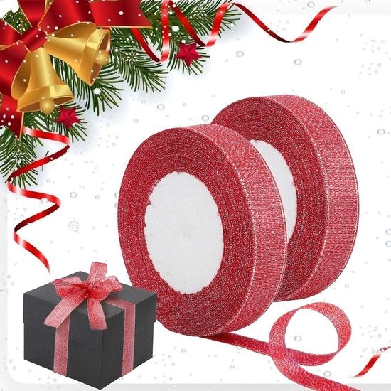 Due nastri di carta di festa - carta di festa glitter rossa per confezioni di regalo e decorazioni natalizie - 22cm x 50 yard