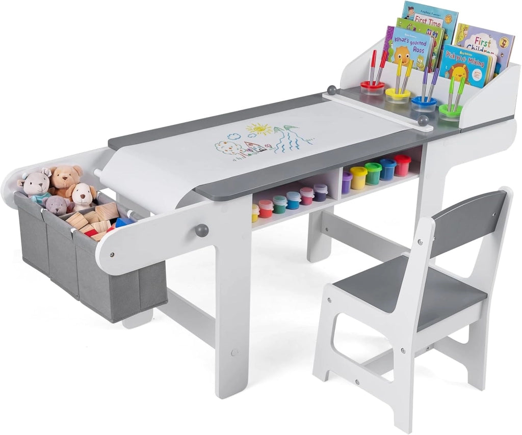 Set Tavolo e Sedia per Bambini 3+ Anni con Rotolo di Carta | Tavolo da Disegno Creativo con Vaschette per Colori e Contenitori in Tessuto, Mobile Montessori per Cameretta e Scuola