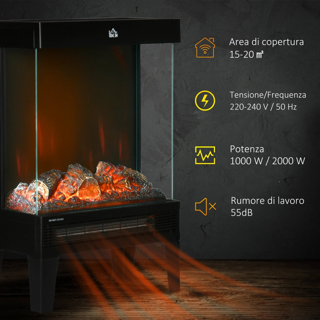 EasyComfort Camino Elettrico 1000W / 2000W con Fiamma LED Realistica e Controllo Temperatura, 40.5x20x62 cm, Nero