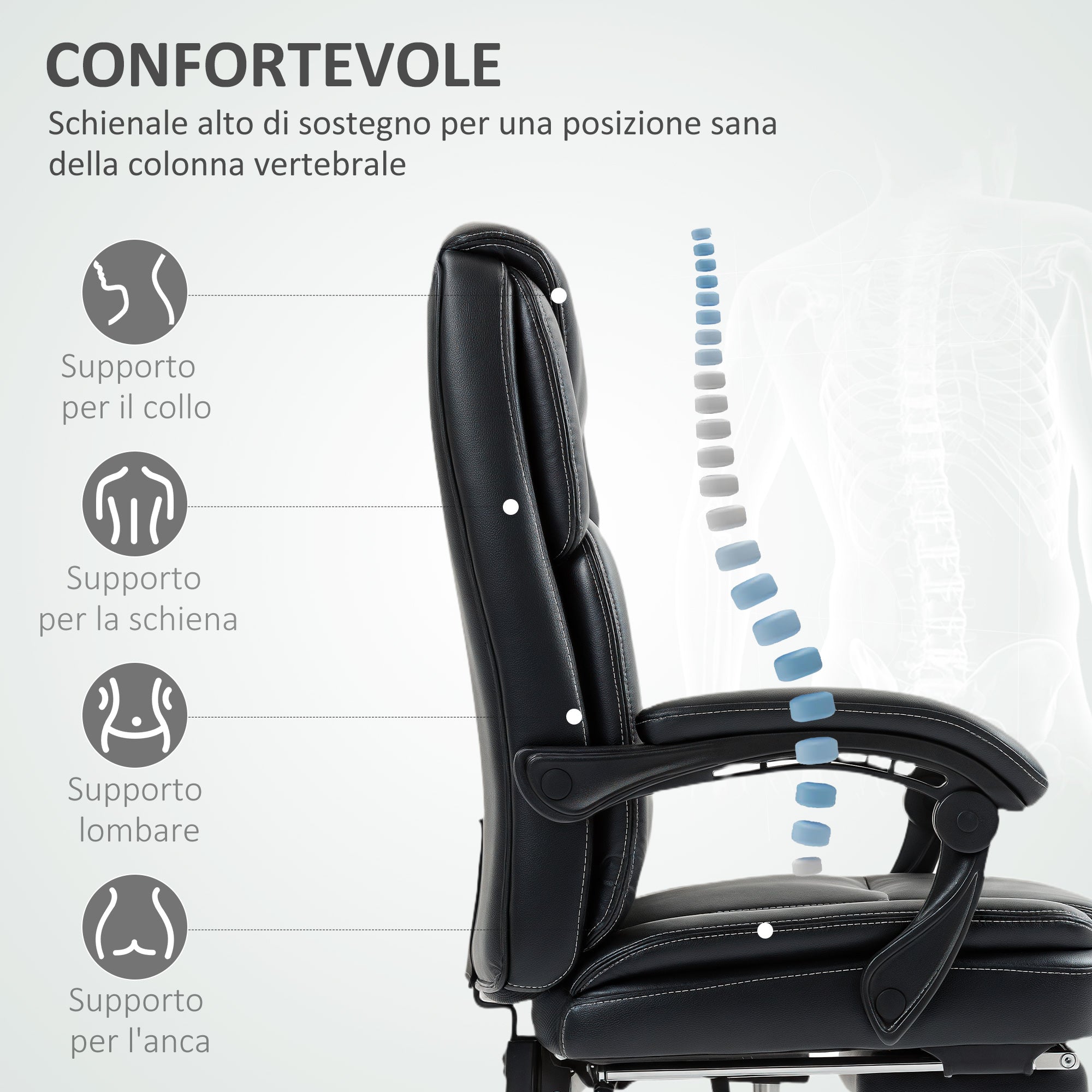 Sedia da Ufficio Reclinabile con Poggiapiedi Estraibile in Pelle PU Capacità 120 kg Nero