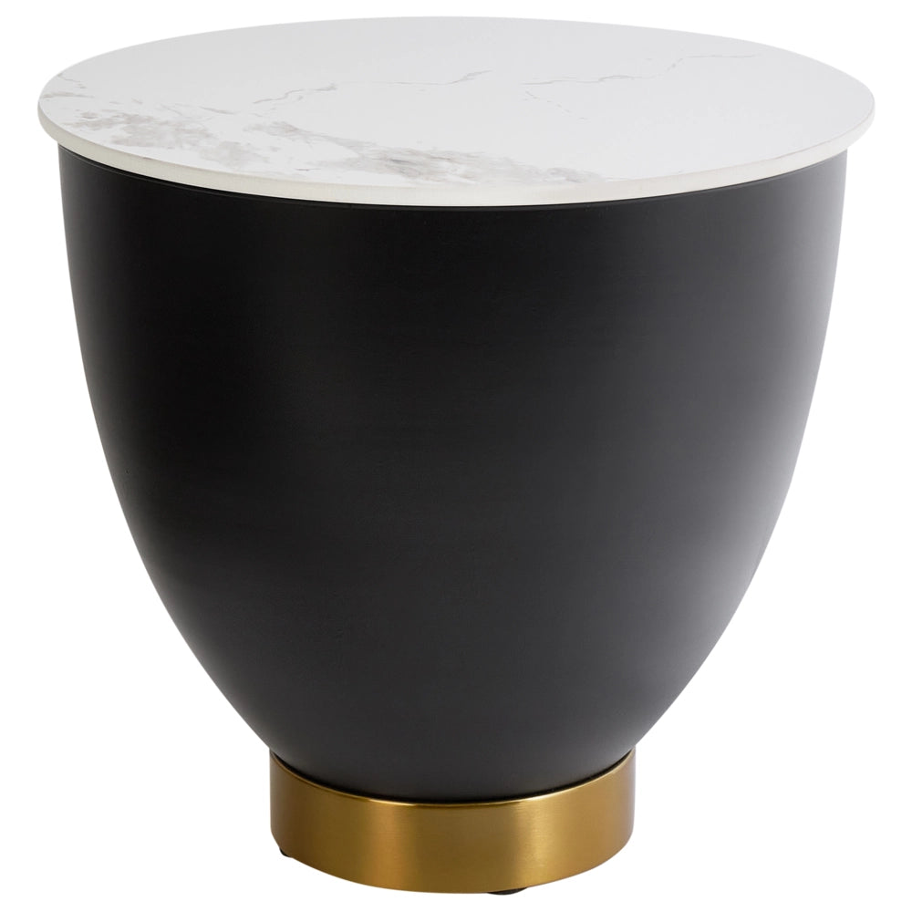 Tavolino Bianco Piano in pietra sinterizzata Base in metallo nero ø 48 cm oro con contenitore Soggiorno design moderno