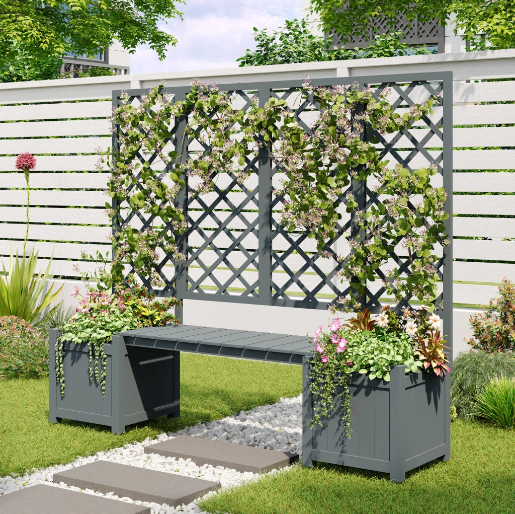 Fioriera con grigliato 169x145x42 cm con seduta in legno grigio