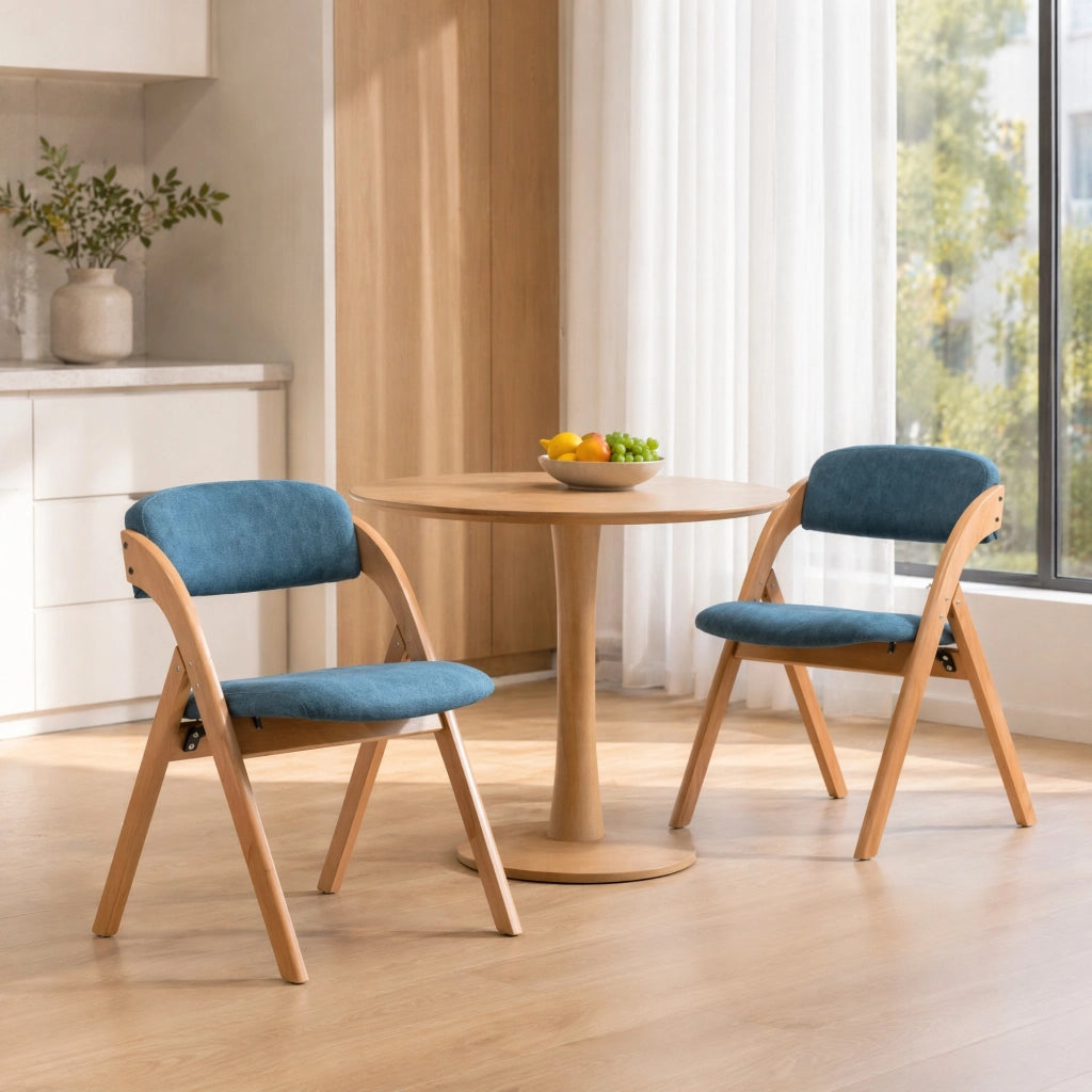Set di 2 sedie pieghevoli imbottite in legno di faggio, colore blu, con rivestimento sfoderabile