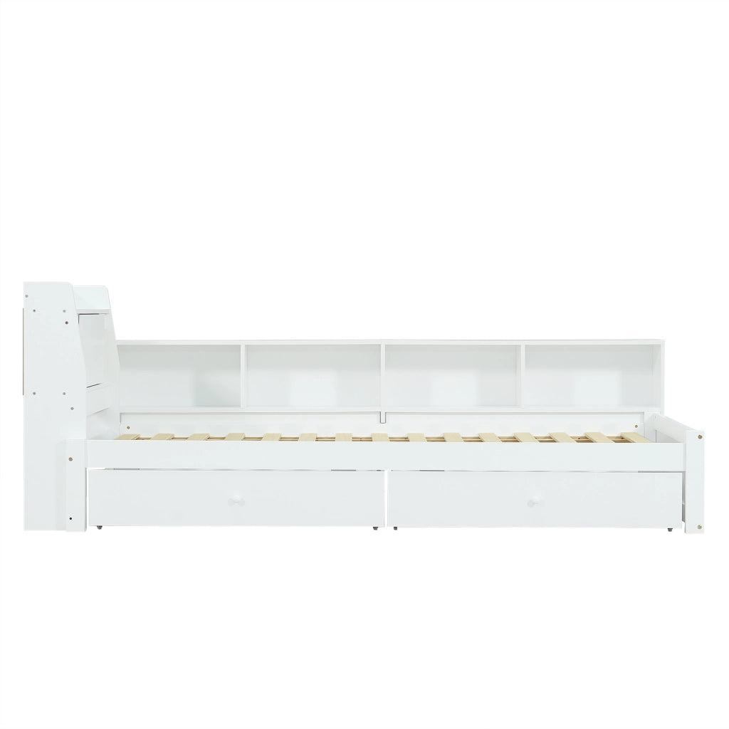 OKWISH Letto Singolo 90×200 cm con Contenitore, Presa di Ricarica, 2 Luci e Cassetti, senza Materasso, in Legno e MDF, Bianco