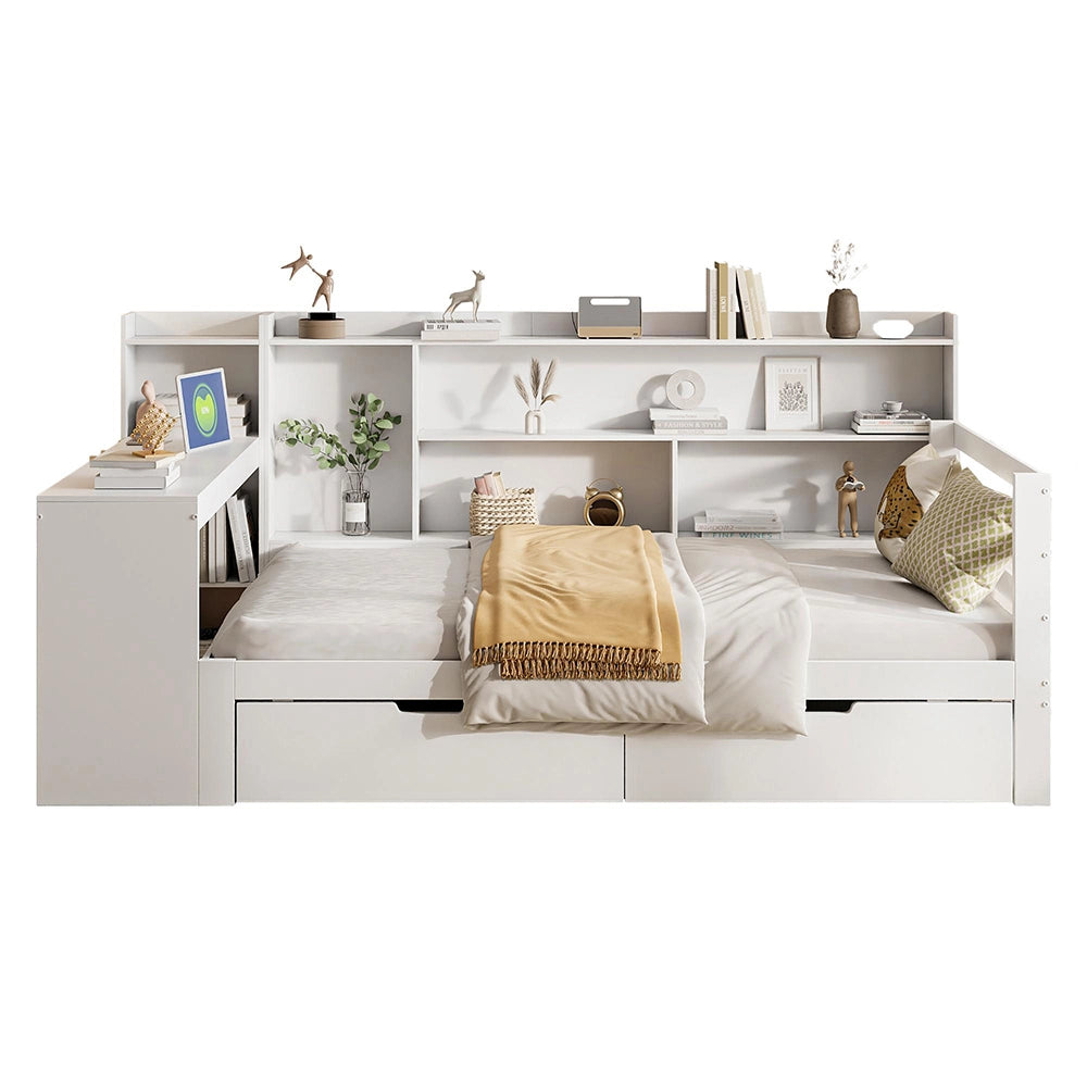 Divano letto-Xylo-90x200 cm-libreria, 2 contenitori, presa, legno bianco