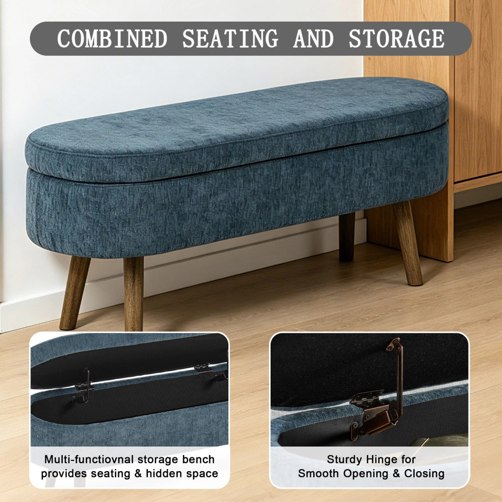 Panca contenitore in chenille con vano portaoggetti da 20 l e struttura in legno massello blu 110 × 40 × 42 cm