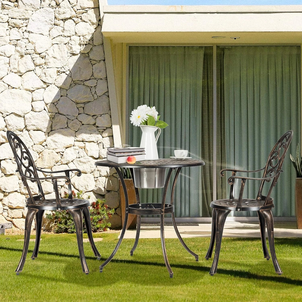 Mobili da balcone con refrigeratore per vino e foro per ombrellone, 3 pezzi, in bronzo antico, in alluminio pressofuso, antiscivolo, per esterni, 2 persone, resistente alle intemperie