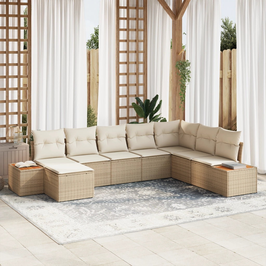 Set Divano da Giardino 8 Pezzi con Cuscini Beige Polyrattan Acacia