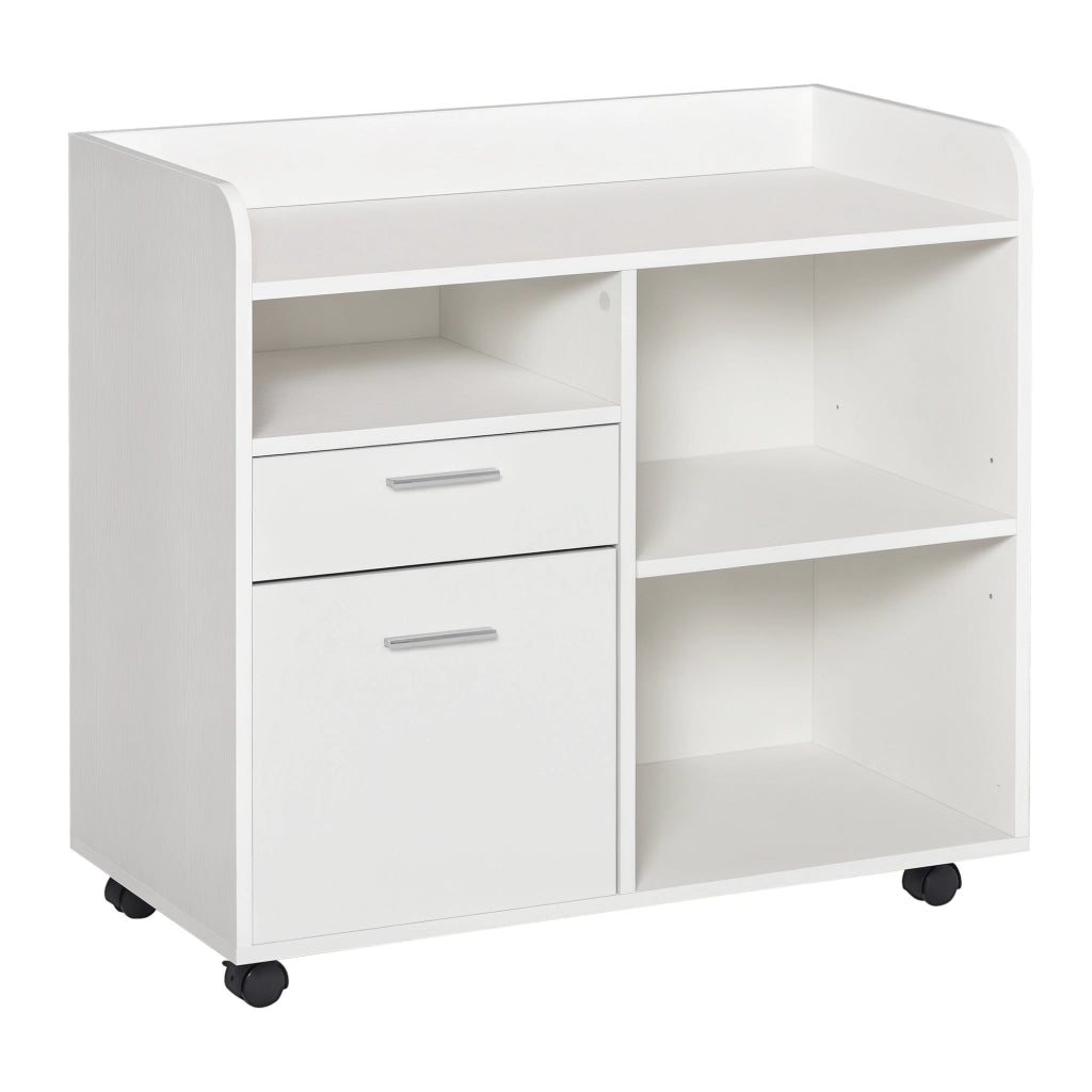 Scrivania per stampante con 3 scomparti, 2 cassetti, scaffale e ruote ¨C zephmum ¨C 80x40x72 cm bianco