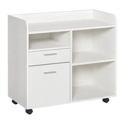 Scrivania per stampante con 3 scomparti, 2 cassetti, scaffale e ruote ¨C zephmum ¨C 80x40x72 cm bianco
