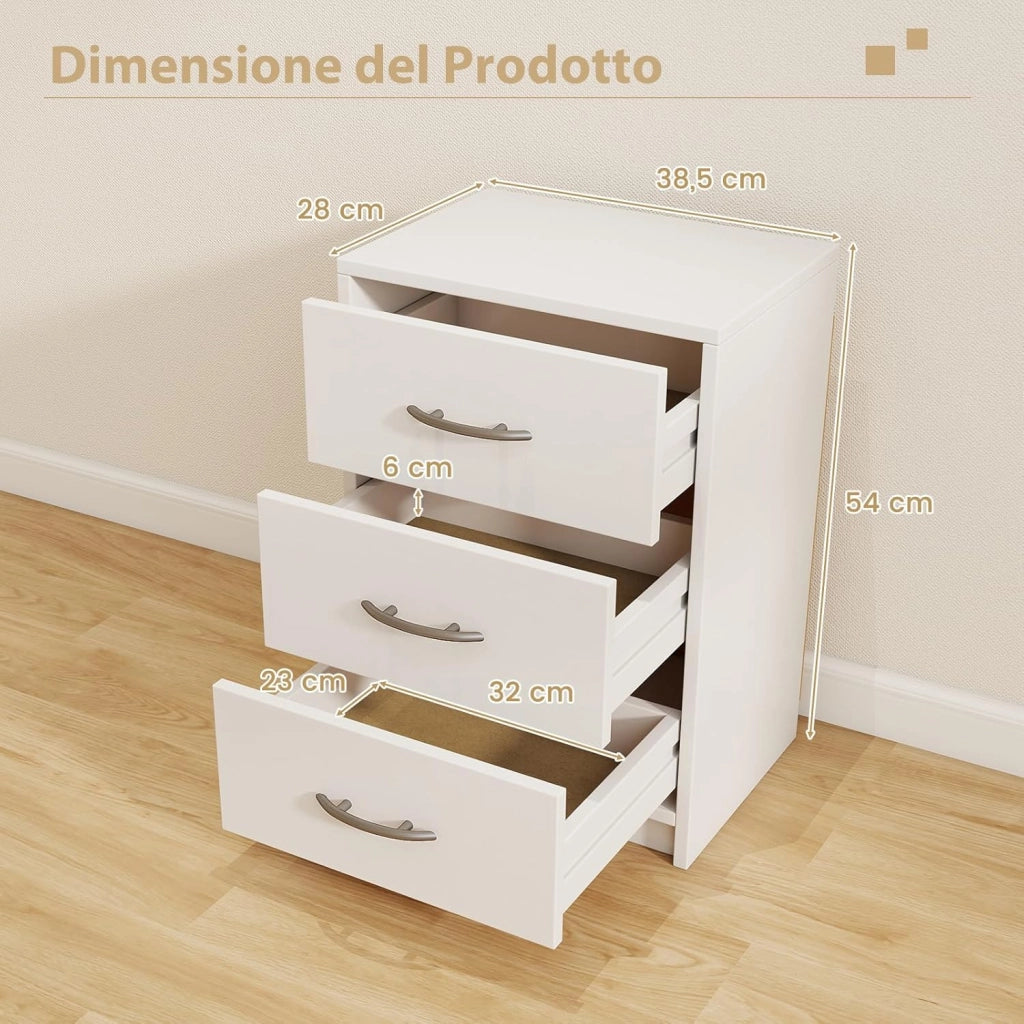 Comodino Camera da Letto con 3 Cassetti, Comodino Salvaspazio in Legno, Comodino Mobile da Letto con Kit Antiribaltamento, per Soggiorno e Studio, 38,5 x 28 x 54 cm (Bianco, 3 Cassetti)