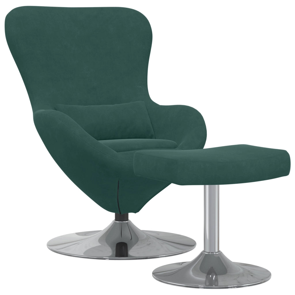 Poltrona a Uovo con Pouf in Velluto Verde Scuro
