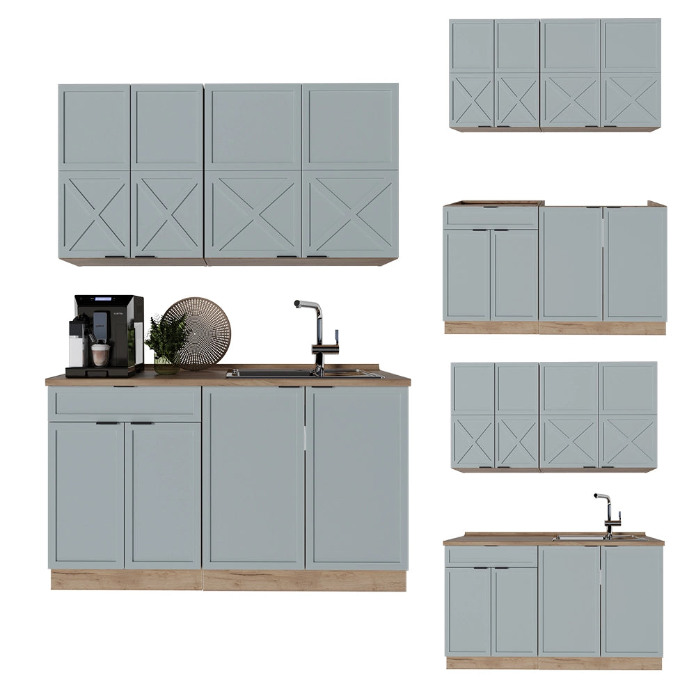Cucina completa Fame-Line Blu-grigio chiaro/Rovere dorato 140 cm, PL Marmo Vicco