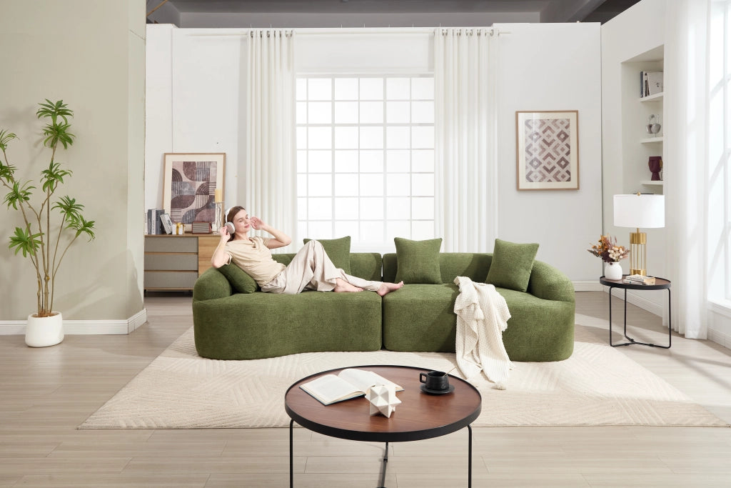 Divano 4 posti curvo in chenille con design lussuoso, morbido e senza montaggio, facile da spostare, verde