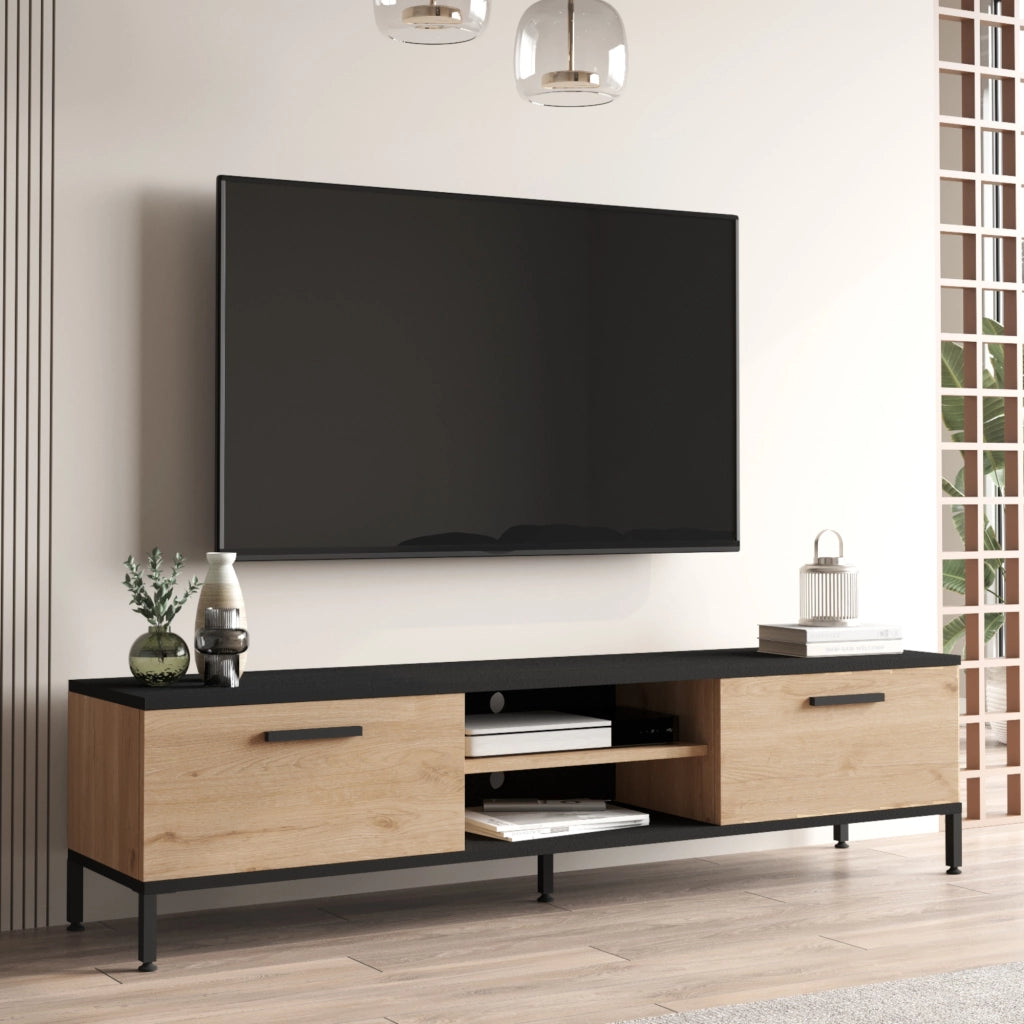 Mobile Basso 'Lempäälä' Supporto TV con Passaggio Cavi Consolle con Sportelli a Ribalta - Effetto Rovere / Nero [en.casa]