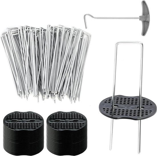 Anchetti per terra - 50 pezzi da 150 mm di lunghezza + set di 50 anelli di avvolgimento da 40 mm di larghezza, diametro 2.2 mm - ancoraggi per terra stabili per telo di rete, telo di giardino, recinzione e campeggio