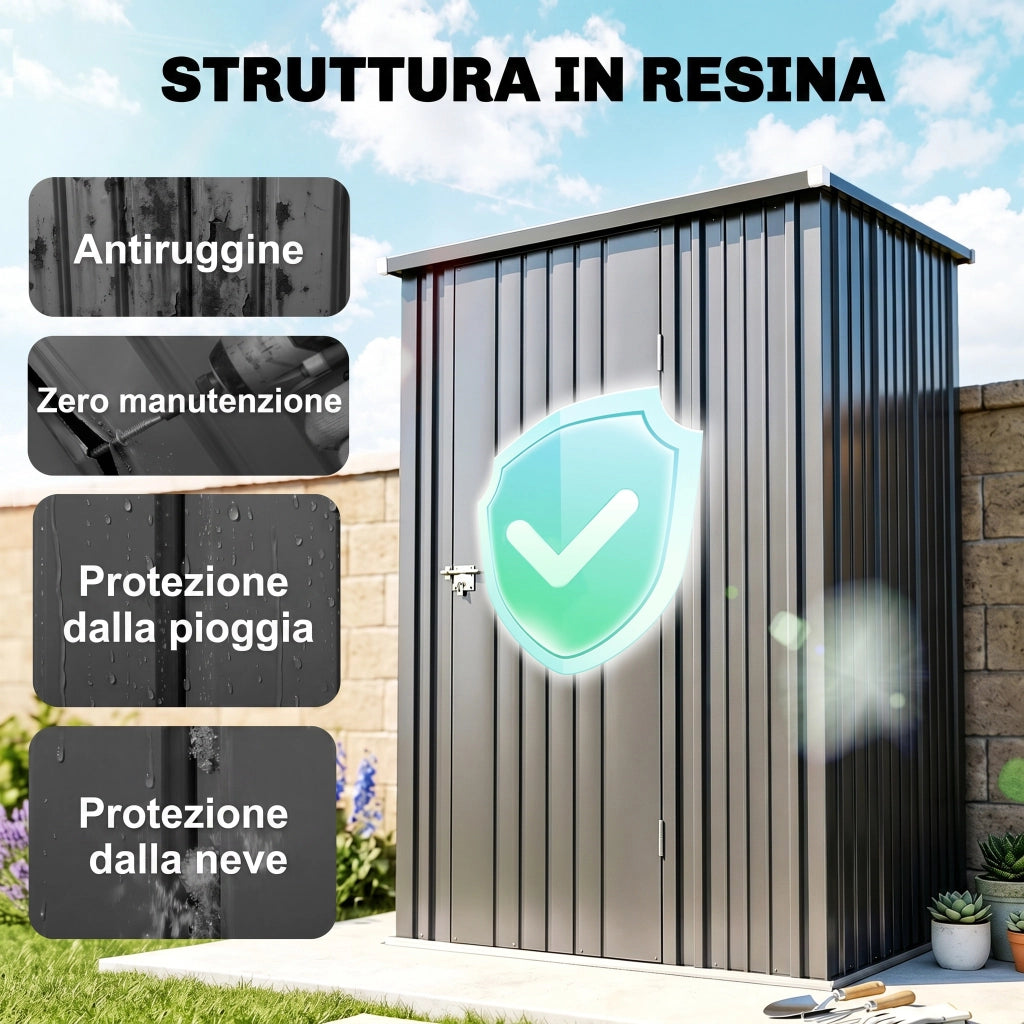 Casetta da Giardino Porta Utensili in Lamiera Acciaio con Serratura, 161.5x94.5x196cm, Nero