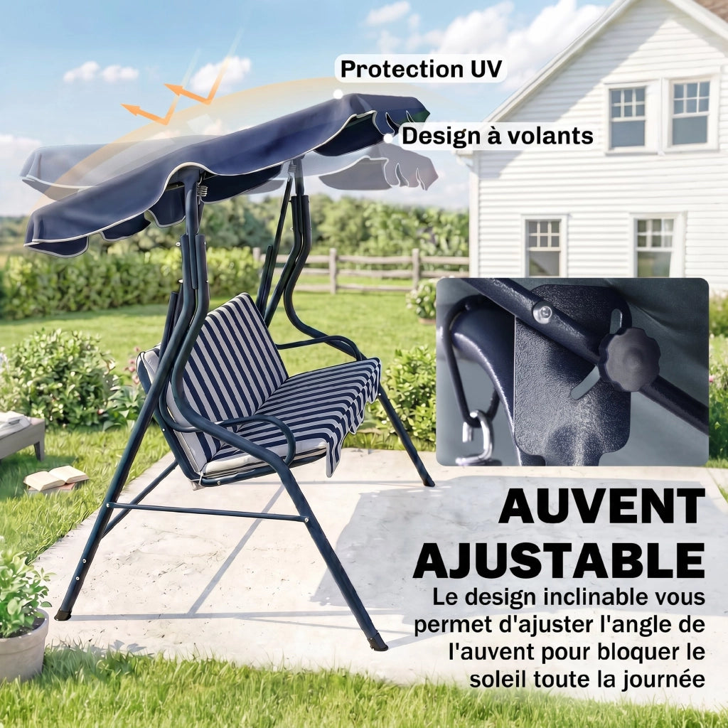 Divano da giardino 3 posti ¨C zephmum ¨C Cuscini blu e bianco, Toiletto impermeabile
