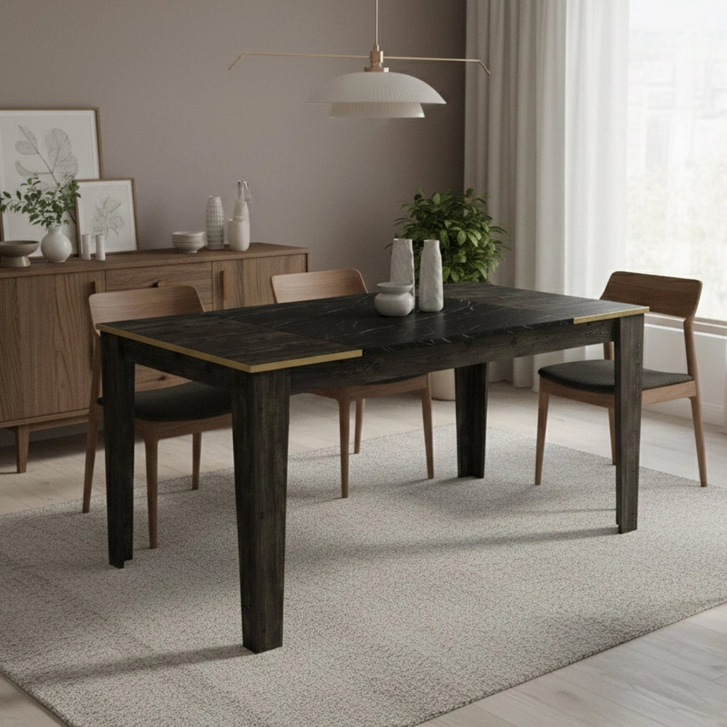 Tavolo fisso Asciano, Ripiano da cucina, Consolle per sala da pranzo, Ripiano rettangolare fisso, 145x85h76 cm, Nero e Oro